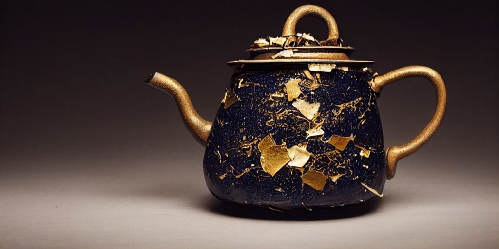 Kintsugi. Symbolizuje to, że rany i pęknięcia mogą stać się częścią naszej unikalnej siły i piękna. Kolorystyka: gliniasta terakota i złote linie